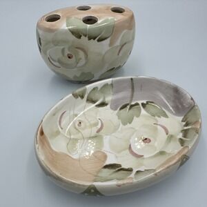 Vintage 90s Floral Ceramic Toothbrush Holder Soap Dish Set Botanical Peach‎ Sage